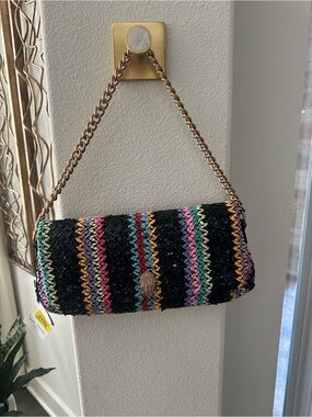 Kurt Geiger Black Woven Clutch with Multicolor Stripes and Gold Chain